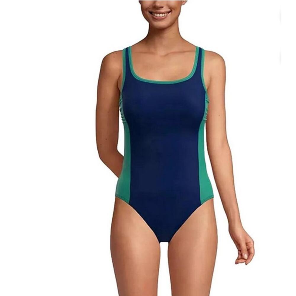 Lands' End Navy and Green One-Piece Swimsuit Size L NWT